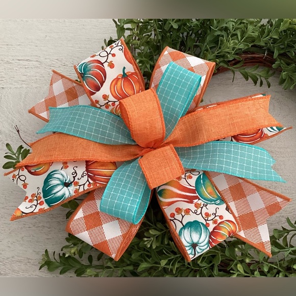 Fall Pumpkin Bow, Wreath Bow, Wreath Accent, Lantern Bow, Blue Pumpkin & Plaid - Picture 1 of 10